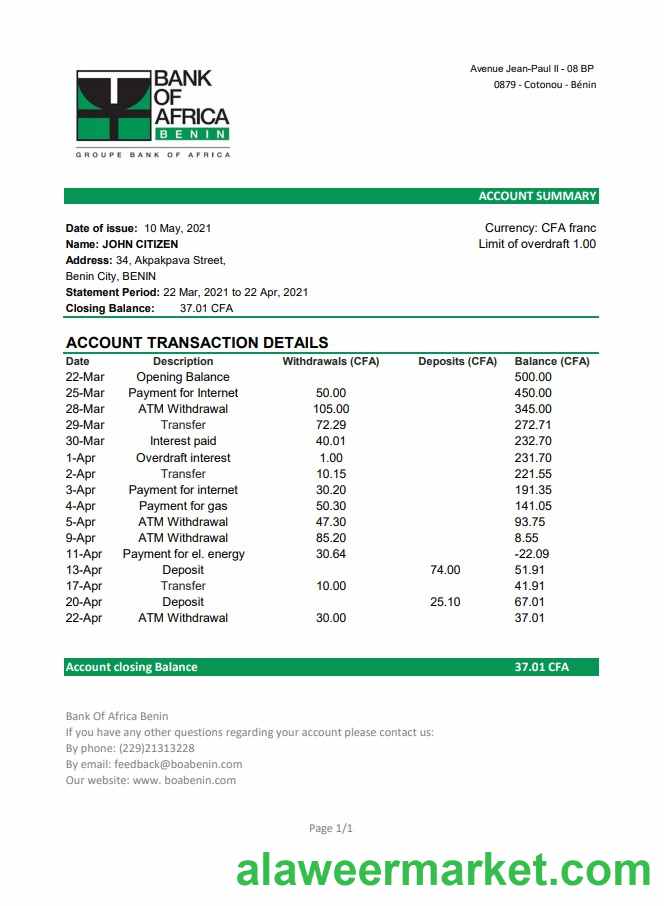 Benin Bank of Africa bank statement easy to fill template in Excel and PDF format